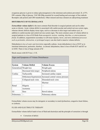 bbinyunus2002@gmail.com Page 46
exogenous glucose is given to reduce gluconeogenesis to the minimum and acidosis prevented. 2L of 5%
DW contains 100g of glucose. VitC100-200g essential for wound healing and scavenger of free radicals
Bcomplex aids protein and CHO metabolisms. Other mineral and trace element are add prolong treatment
DISTURBANCE OF FLUID BALANCE
Extracellular volume deficit is the most common fluid disorder in surgical patients and can be either
acute or chronic. Acute volume deficit is associated with cardiovascular and central nervous system signs,
whereas chronic deficits display tissue signs, such as a decrease in skin turgor and sunken eyes, in
addition to cardiovascular and central nervous system signs. The most common cause of volume deficit in
surgical patients is a loss of GI fluids from nasogastric suction, vomiting, diarrhea, or enterocutaneous
fistula. In addition, sequestration secondary to soft tissue injuries, burns, and intra-abdominal processes
such as peritonitis, obstruction, or prolonged surgery can also lead to massive volume deficits.
Dehydration is loss of water and electrolyte especially sodium. Acute dehydration is loss of ECF as in
intestinal obstruction, peritonitis, diarrhea . in chronic dehydration, there is loss of both ECF and ICF as
in GOO. There is loss of large amount of K+
.
Shock ensues with ECF loss ≥ 3.5L
Signs and Symptoms of Volume Disturbances
System Volume Deficit Volume Excess
Generalized Weight loss Weight gain
Decreased skin turgor Peripheral edema
Cardiac Tachycardia Increased cardiac output
Orthostasis/hypotension Increased central venous pressure
Collapsed neck veins Distended neck veins
Murmur
Renal Oliguria —
Azotemia
GI Ileus Bowel edema
Pulmonary — Pulmonary edema
Extracellular volume excess may be iatrogenic or secondary to renal dysfunction, congestive heart failure,
or cirrhosis.
FLUID AND ELECTROLYTE THERAPY
Extracellular volume deficit leads to loss of fluid and electrolyte and the principle of correction is through
 Correction of deficit
 