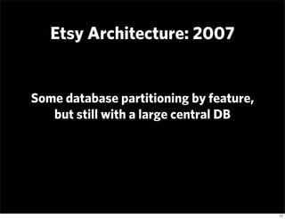 Etsy Architecture: 2007


Some database partitioning by feature,
   but still with a large central DB




                ...