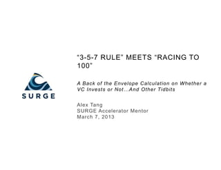 “3-5-7 RULE” MEETS “RACING TO
100”
A Back of the Envelope Calculation on Whether a
VC Invests or Not…And Other Tidbits
Alex Tang
SURGE Accelerator Mentor
March 7, 2013
 