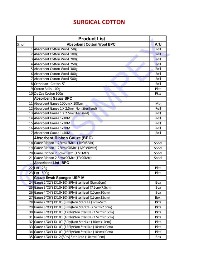 Surgical Cotton and Dressings List JNSImpex
