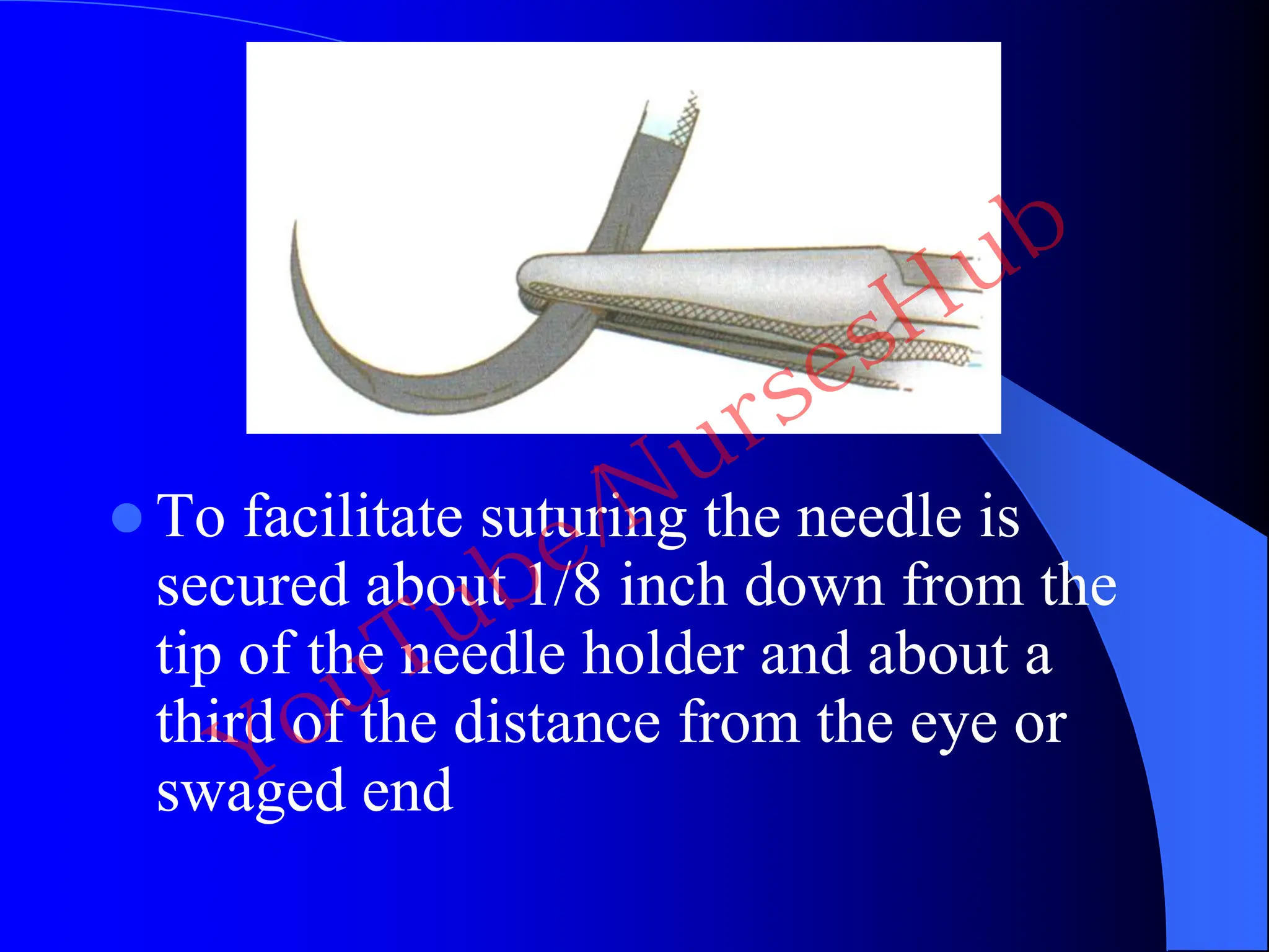  To facilitate suturing the needle is
secured about 1/8 inch down from the
tip of the needle holder and about a
third of the distance from the eye or
swaged end
YouTube/NursesHub
 