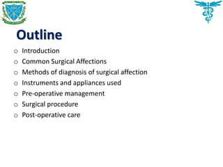 Outline
o Introduction
o Common Surgical Affections
o Methods of diagnosis of surgical affection
o Instruments and appliances used
o Pre-operative management
o Surgical procedure
o Post-operative care
 