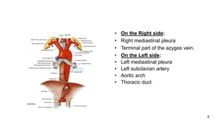 LATERAL RELATION
• On the Right side:
• Right mediastinal pleura
• Terminal part of the azygos vein.
• On the Left side:
• Left mediastinal pleura
• Left subclavian artery
• Aortic arch
• Thoracic duct
8
 