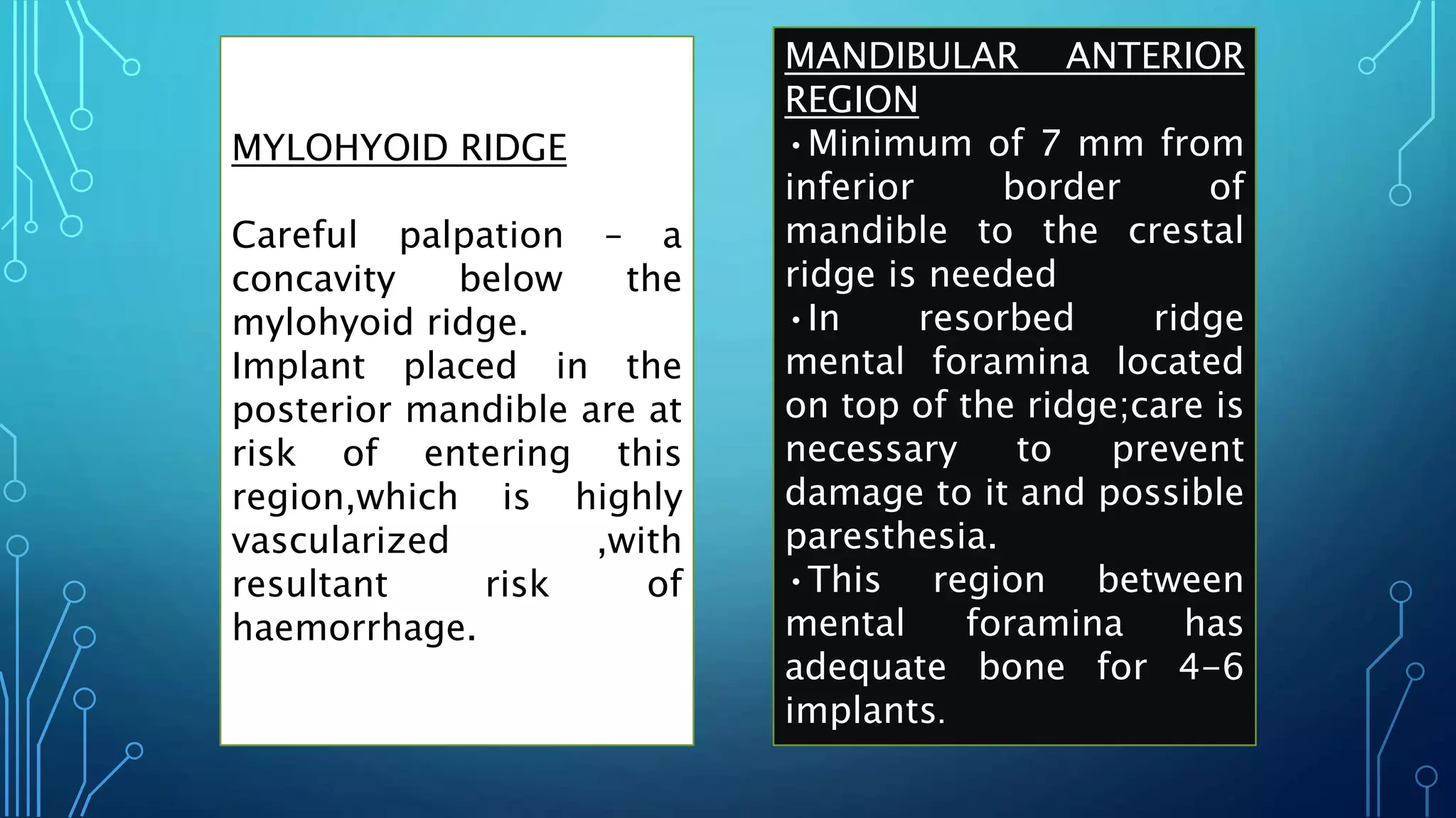 MANDIBULAR ANTERIOR
REGION
•Minimum of 7 mm from
inferior border of
mandible to the crestal
ridge is needed
•In resorbed ridge
mental foramina located
on top of the ridge;care is
necessary to prevent
damage to it and possible
paresthesia.
•This region between
mental foramina has
adequate bone for 4-6
implants.
MYLOHYOID RIDGE
Careful palpation – a
concavity below the
mylohyoid ridge.
Implant placed in the
posterior mandible are at
risk of entering this
region,which is highly
vascularized ,with
resultant risk of
haemorrhage.
 