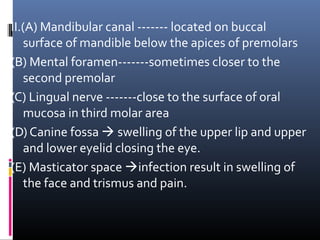II.(A) Mandibular canal ------- located on buccal
surface of mandible below the apices of premolars
(B) Mental foramen-------sometimes closer to the
second premolar
(C) Lingual nerve -------close to the surface of oral
mucosa in third molar area
(D) Canine fossa  swelling of the upper lip and upper
and lower eyelid closing the eye.
(E) Masticator space infection result in swelling of
the face and trismus and pain.
 