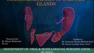 Presented by Guided by
SURGICAL ANATOMY OF SALIVARY
GLANDS
Presented by-
Dr. Maroti Wadewale
II year
DEPARTMENT OF ORAL & MAXILLOFACIAL SURGERY, GDCH,
Guided by-
Dr. Prajwalit Kende (HOD & Prof.)
Dr. Jayant Landge (Asso. Prof.)
 