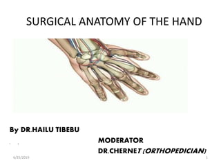 SURGICAL ANATOMY OF THE HAND
MODERATOR
DR.CHERNET (ORTHOPEDICIAN)
By DR.HAILU TIBEBU
• )
6/25/2019 1
 