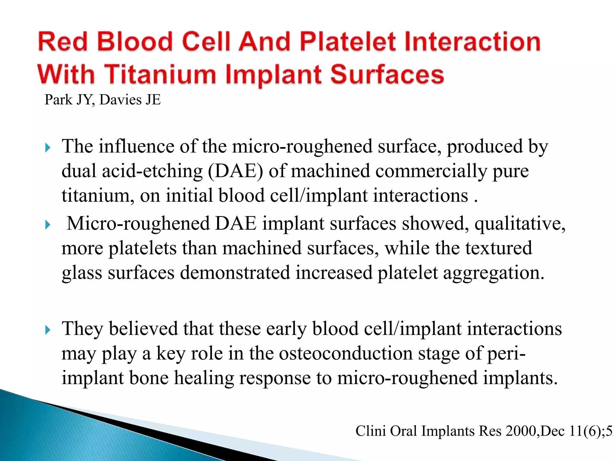  The influence of the micro-roughened surface, produced by
dual acid-etching (DAE) of machined commercially pure
titanium, on initial blood cell/implant interactions .
 Micro-roughened DAE implant surfaces showed, qualitative,
more platelets than machined surfaces, while the textured
glass surfaces demonstrated increased platelet aggregation.
 They believed that these early blood cell/implant interactions
may play a key role in the osteoconduction stage of peri-
implant bone healing response to micro-roughened implants.
Clini Oral Implants Res 2000,Dec 11(6);53
Park JY, Davies JE
 