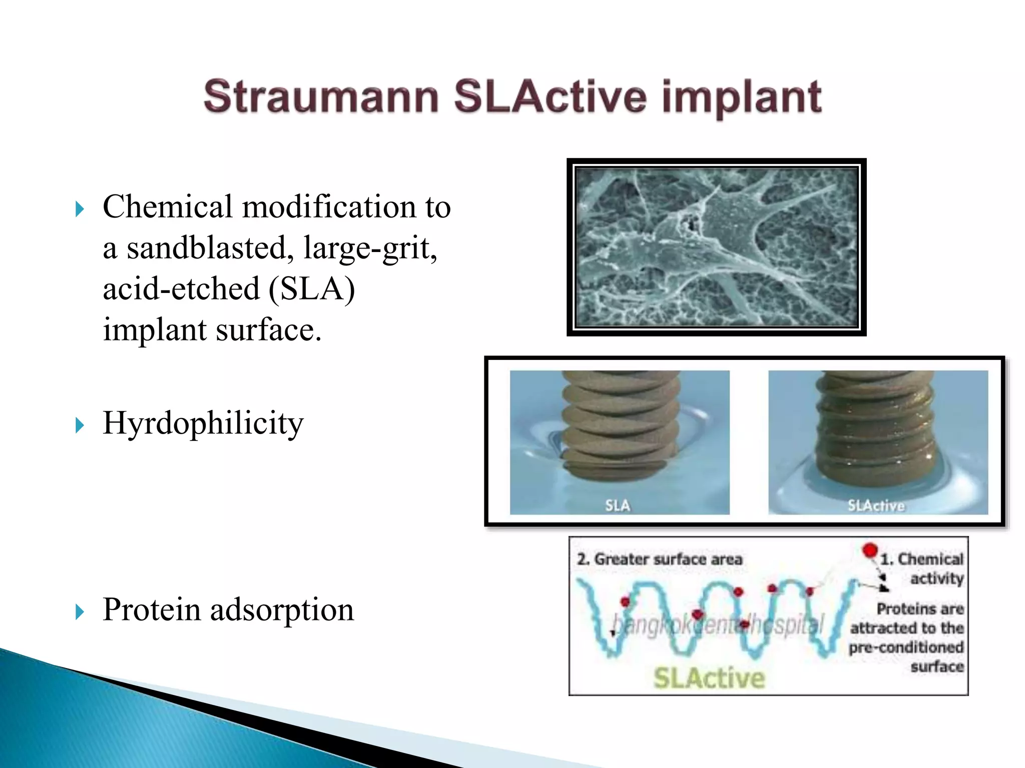  Chemical modification to
a sandblasted, large-grit,
acid-etched (SLA)
implant surface.
 Hyrdophilicity
 Protein adsorption
 