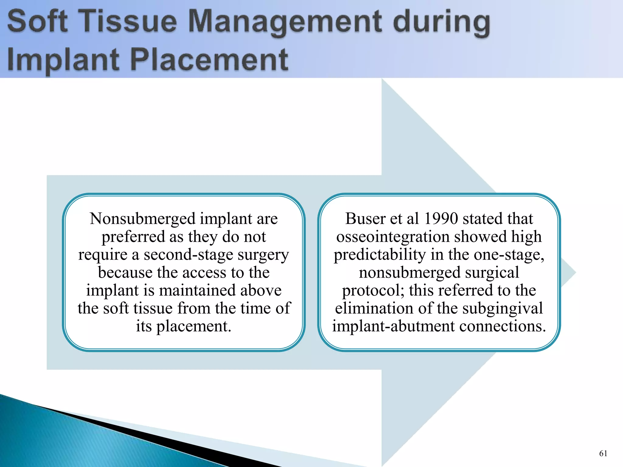 Nonsubmerged implant are
preferred as they do not
require a second-stage surgery
because the access to the
implant is maintained above
the soft tissue from the time of
its placement.
Buser et al 1990 stated that
osseointegration showed high
predictability in the one-stage,
nonsubmerged surgical
protocol; this referred to the
elimination of the subgingival
implant-abutment connections.
61
 