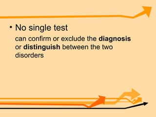 No single test   can confirm or exclude the  diagnosis  or  distinguish  between the two disorders  