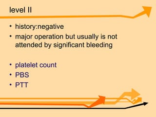 level II history:negative major operation but usually is not attended by significant bleeding platelet count  PBS  PTT   