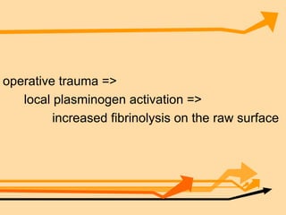 operative trauma => local plasminogen activation => increased fibrinolysis on the raw surface 