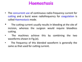 Haemostasis
• The concurrent use of continuous radio-frequency current for
cutting and a burst wave radiofrequency for coagulation is
called Haemostasis mode.
• The cutting current usually results in bleeding at the site of
incision, whereas the surgeon would require bloodless
cutting.
• The machines achieve this by combining the two
waveforms shown in Fig.(e).
• The frequency of this blended waveform is generally the
same as that used for cutting current.
 