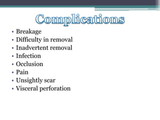 • Breakage
• Difficulty in removal
• Inadvertent removal
• Infection
• Occlusion
• Pain
• Unsightly scar
• Visceral perforation
 