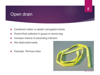 Wednesday,
April 12, 2023
8
Open drain
 Contained rubber or plastic corrugated sheets
 Draind fluid collected in guaze or stoma bag
 Increase chance of ascending infection
 Not obstructed easily
 Example Penrose drain
 