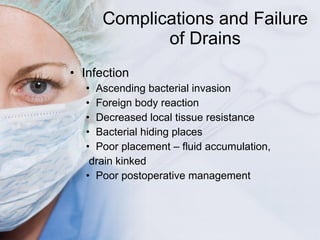 Complications and Failure of Drains <ul><li>Infection </li></ul><ul><ul><li>Ascending bacterial invasion </li></ul></ul><u...