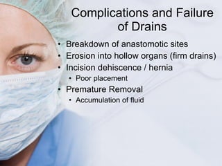 Complications and Failure of Drains <ul><li>Breakdown of anastomotic sites </li></ul><ul><li>Erosion into hollow organs (f...