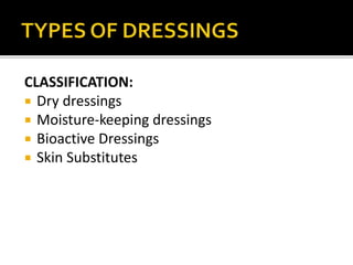 CLASSIFICATION: 
 Dry dressings 
 Moisture-keeping dressings 
 Bioactive Dressings 
 Skin Substitutes 
 