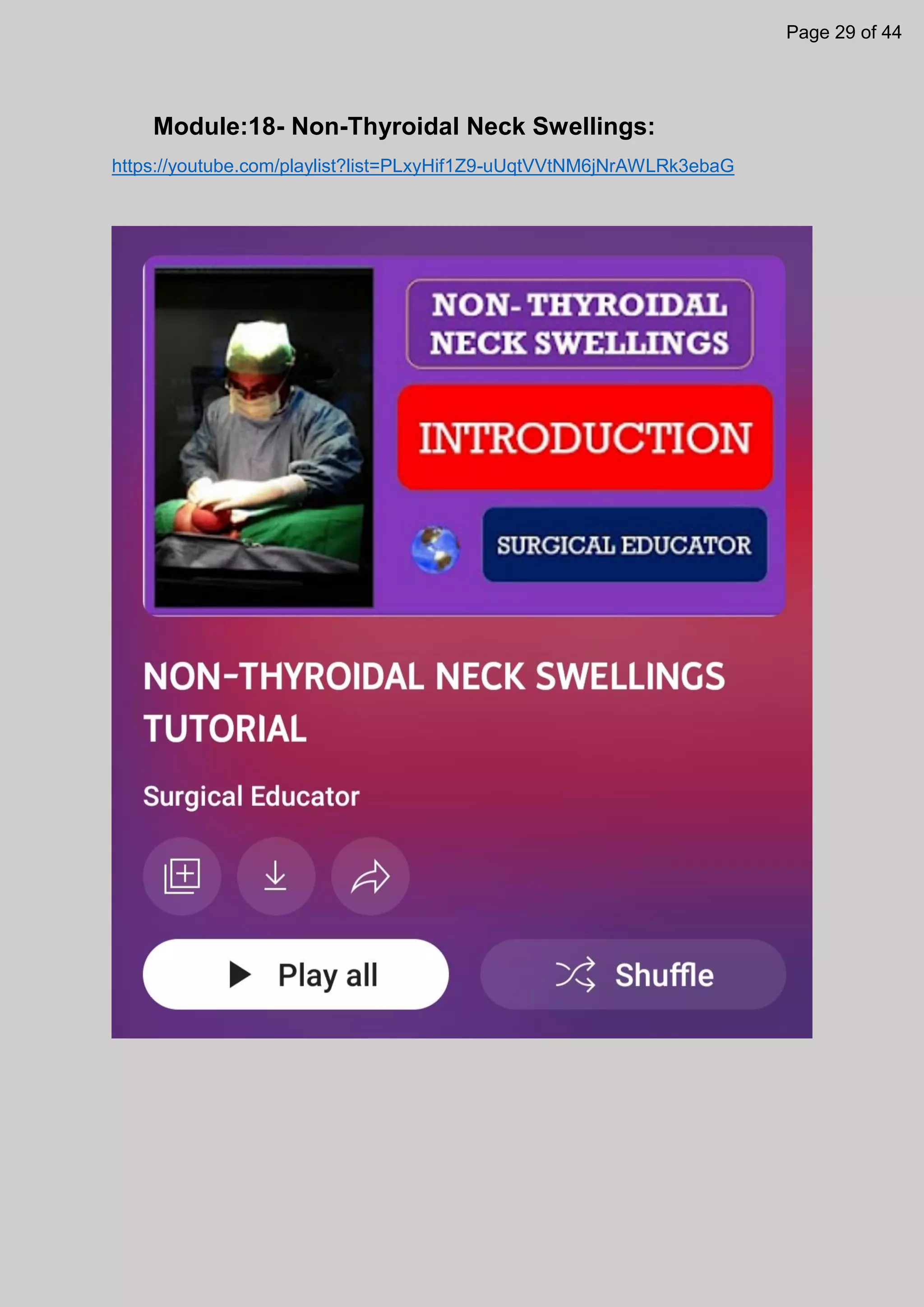 Module:18- Non-Thyroidal Neck Swellings:
https://youtube.com/playlist?list=PLxyHif1Z9-uUqtVVtNM6jNrAWLRk3ebaG
Page 29 of 44
 