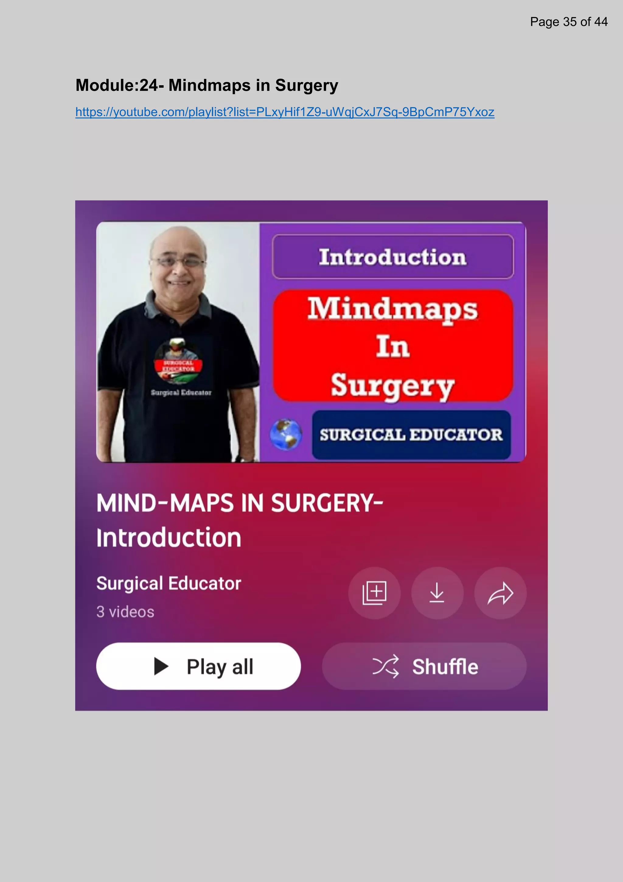 Module:24- Mindmaps in Surgery
https://youtube.com/playlist?list=PLxyHif1Z9-uWqjCxJ7Sq-9BpCmP75Yxoz
Page 35 of 44
 