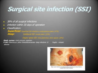 Surgical site infection (SSI)
 38% of all surgical infections
 Infection within 30 days of operation
 Classification:
Superficial: Superficial SSI–infection in subcutaneous plane (47%)
Deep: Subfascial SSI- muscle plane (23%)
Organ/ space SSI- intra-abdominal, other spaces (30%)
Staph. aureus- most common organism
E coli, Entercoccus ,other Entetobacteriaceae- deep infections B fragilis – intrabd.
abscess
 