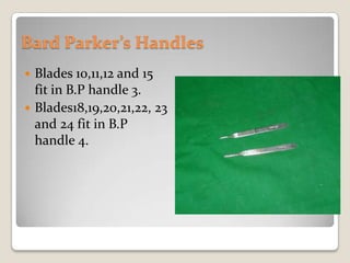 Bard Parker’s HandlesBlades 10,11,12 and 15 fit in B.P handle 3.Blades18,19,20,21,22, 23 and 24 fit in B.P handle 4.