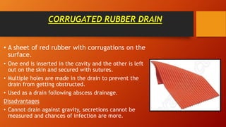 CORRUGATED RUBBER DRAIN
• A sheet of red rubber with corrugations on the
surface.
• One end is inserted in the cavity and the other is left
out on the skin and secured with sutures.
• Multiple holes are made in the drain to prevent the
drain from getting obstructed.
• Used as a drain following abscess drainage.
Disadvantages
• Cannot drain against gravity, secretions cannot be
measured and chances of infection are more.
 