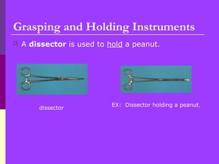  A dissector is used to hold a peanut.
Grasping and Holding Instruments
dissector
EX: Dissector holding a peanut.
 