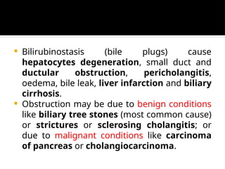  Bilirubinostasis (bile plugs) cause
hepatocytes degeneration, small duct and
ductular obstruction, pericholangitis,
oedema, bile leak, liver infarction and biliary
cirrhosis.
 Obstruction may be due to benign conditions
like biliary tree stones (most common cause)
or strictures or sclerosing cholangitis; or
due to malignant conditions like carcinoma
of pancreas or cholangiocarcinoma.
 