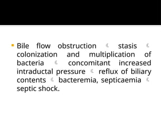  Bile flow obstruction  stasis 
colonization and multiplication of
bacteria  concomitant increased
intraductal pressure  reflux of biliary
contents  bacteremia, septicaemia 
septic shock.
 