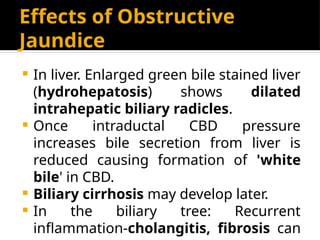 Effects of Obstructive
Jaundice
 In liver. Enlarged green bile stained liver
(hydrohepatosis) shows dilated
intrahepatic biliary radicles.
 Once intraductal CBD pressure
increases bile secretion from liver is
reduced causing formation of 'white
bile' in CBD.
 Biliary cirrhosis may develop later.
 In the biliary tree: Recurrent
inflammation-cholangitis, fibrosis can
 