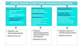 OTHER LESIONS OTHER THAN CHOLEDOCHOLITHIASIS
• Palliation: Left
Hepaticojejunostomy
• Resection for cure
• Palliation: Roux-en-Y
choledochojejunostomy
• Resection for cure
• Palliation:
Hepaticojejunostomy
(distal to hepatic duct
convergence)
• Resection for cure
 