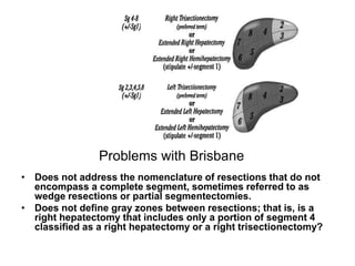 Problems with Brisbane
• Does not address the nomenclature of resections that do not
encompass a complete segment, sometimes referred to as
wedge resections or partial segmentectomies.
• Does not define gray zones between resections; that is, is a
right hepatectomy that includes only a portion of segment 4
classified as a right hepatectomy or a right trisectionectomy?
 
