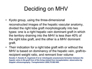 Deciding on MHV
• Kyoto group, using the three-dimensional
reconstructed images of the hepatic vascular anatomy,
divided the right lobe graft morphologically into two
types: one is a right hepatic vein dominant graft in which
the territory draining into the MHV is less than 40% of
the right lobe graft, and the other is a MHV dominant
graft.
• Their indication for a right lobe graft with or without the
MHV is based on dominancy of the hepatic vein, graft-to-
recipient weight ratio, and remnant liver volume
Kaneko T, Kaneko K, Sugimoto H et al. Intrahepatic anastomosis formation between the
hepatic veins in the graft liver of the living related liver transplantation: observation by
Doppler ultrasonography. Transplantation 2000;70:982-985.
 