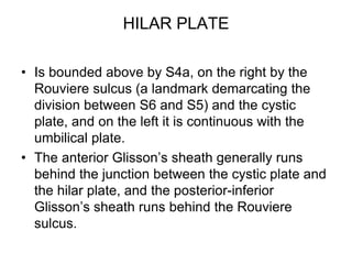 HILAR PLATE
• Is bounded above by S4a, on the right by the
Rouviere sulcus (a landmark demarcating the
division between S6 and S5) and the cystic
plate, and on the left it is continuous with the
umbilical plate.
• The anterior Glisson’s sheath generally runs
behind the junction between the cystic plate and
the hilar plate, and the posterior-inferior
Glisson’s sheath runs behind the Rouviere
sulcus.
 