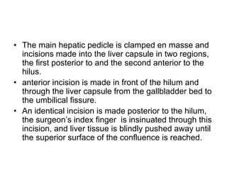 • The main hepatic pedicle is clamped en masse and
incisions made into the liver capsule in two regions,
the first posterior to and the second anterior to the
hilus.
• anterior incision is made in front of the hilum and
through the liver capsule from the gallbladder bed to
the umbilical fissure.
• An identical incision is made posterior to the hilum,
the surgeon’s index finger is insinuated through this
incision, and liver tissue is blindly pushed away until
the superior surface of the confluence is reached.
 