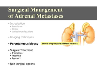 Surgical Management
of Adrenal Metastases
• Introduction
 • Prevalence
 • Origin
 • Clinical manifestations

• Imaging techniques

• Percutaneous biopsy        Should we puncture all these lesions ?


• Surgical Treatment
 • Indications
 • Prognosis
 • Approach

• Non Surgical options
 