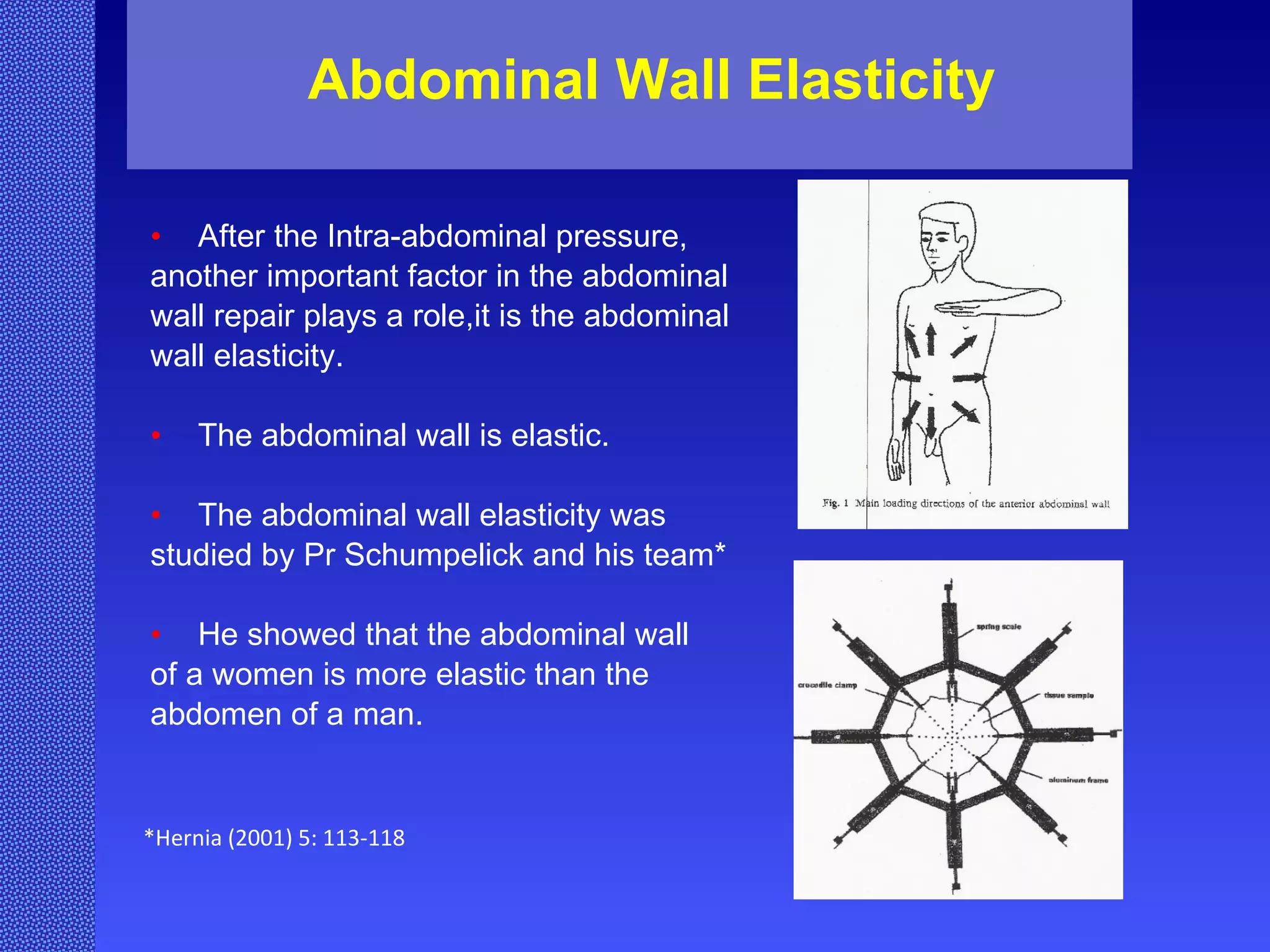 Abdominal Wall Elasticity After the Intra-abdominal pressure, another important factor in the abdominal  wall repair plays a role,it is the abdominal  wall elasticity. The abdominal wall is elastic. The abdominal wall elasticity was  studied by Pr Schumpelick and his team* He showed that the abdominal wall  of a women is more elastic than the  abdomen of a man. *Hernia (2001) 5: 113-118 