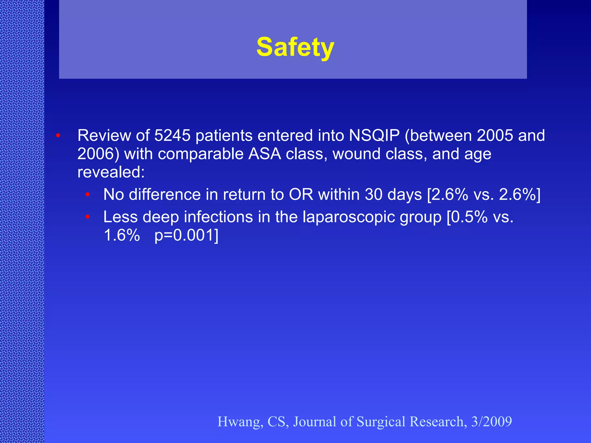 Safety Review of 5245 patients entered into NSQIP (between 2005 and 2006) with comparable ASA class, wound class, and age revealed: No difference in return to OR within 30 days [2.6% vs. 2.6%] Less deep infections in the laparoscopic group [0.5% vs. 1.6%  p=0.001] Hwang, CS, Journal of Surgical Research, 3/2009 