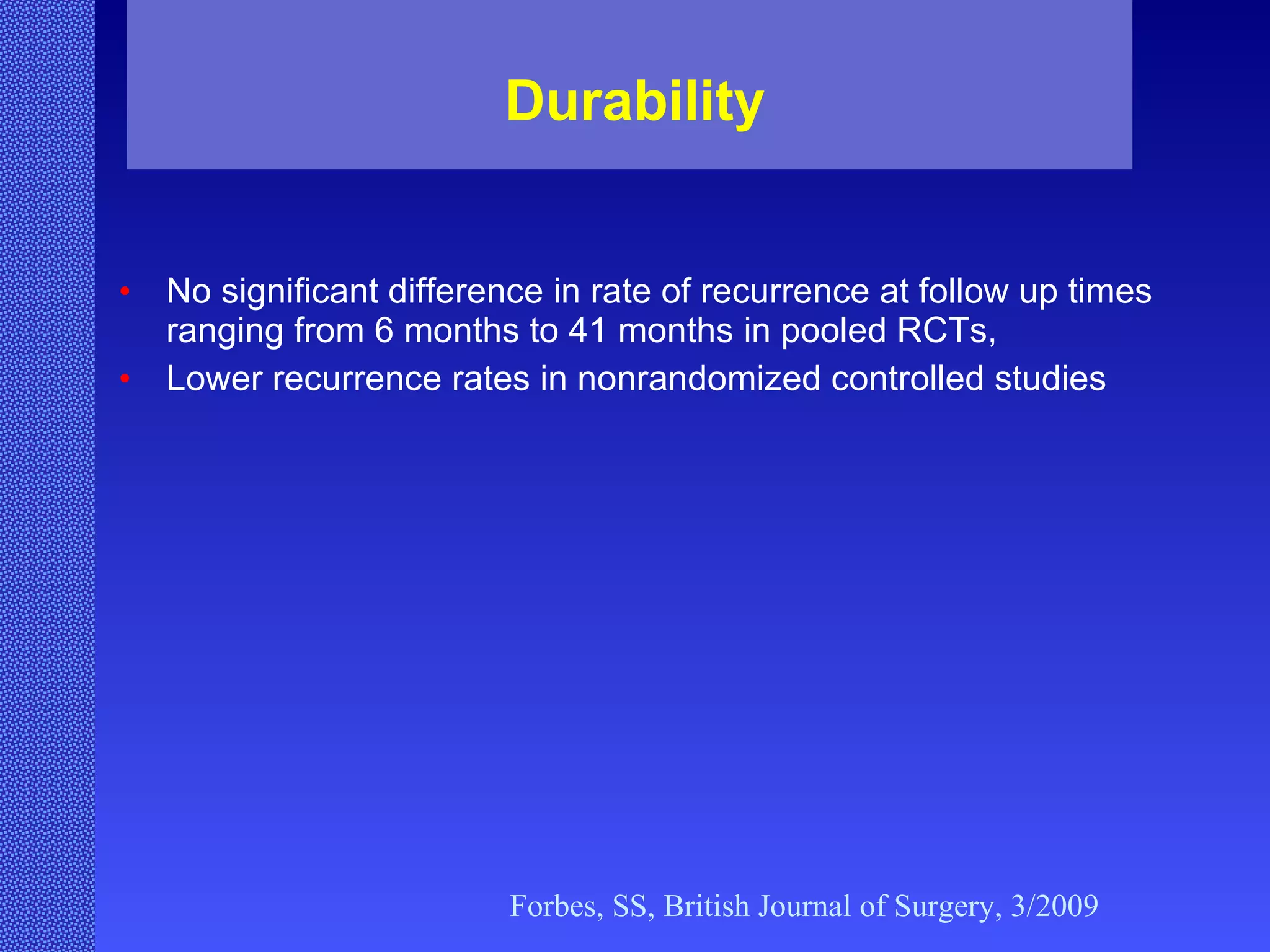 Durability No significant difference in rate of recurrence at follow up times ranging from 6 months to 41 months in pooled RCTs,  Lower recurrence rates in nonrandomized controlled studies Forbes, SS, British Journal of Surgery, 3/2009 