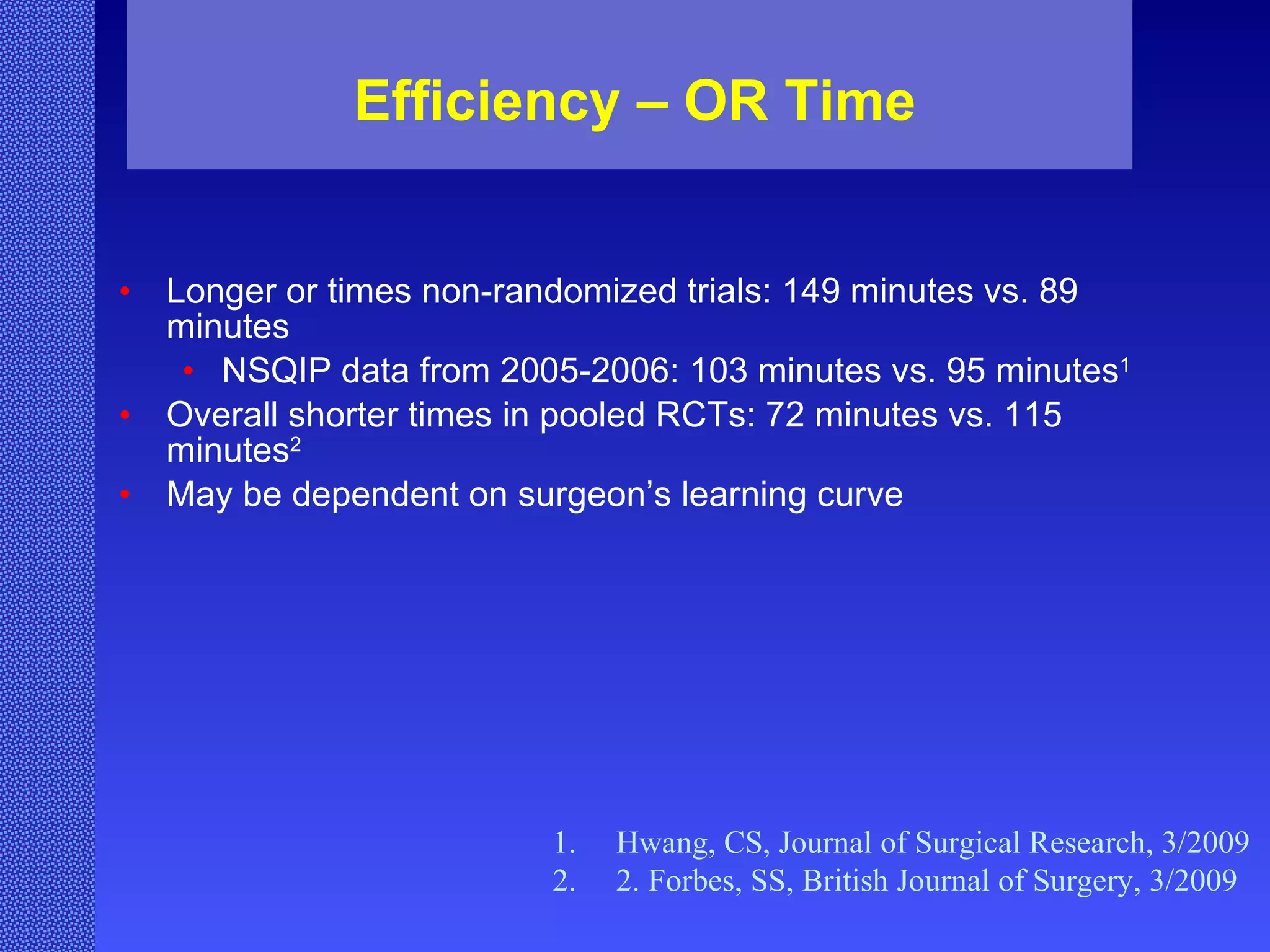 Efficiency – OR Time Longer or times non-randomized trials: 149 minutes vs. 89 minutes NSQIP data from 2005-2006: 103 minutes vs. 95 minutes 1 Overall shorter times in pooled RCTs: 72 minutes vs. 115 minutes 2 May be dependent on surgeon’s learning curve Hwang, CS, Journal of Surgical Research, 3/2009  2. Forbes, SS, British Journal of Surgery, 3/2009 
