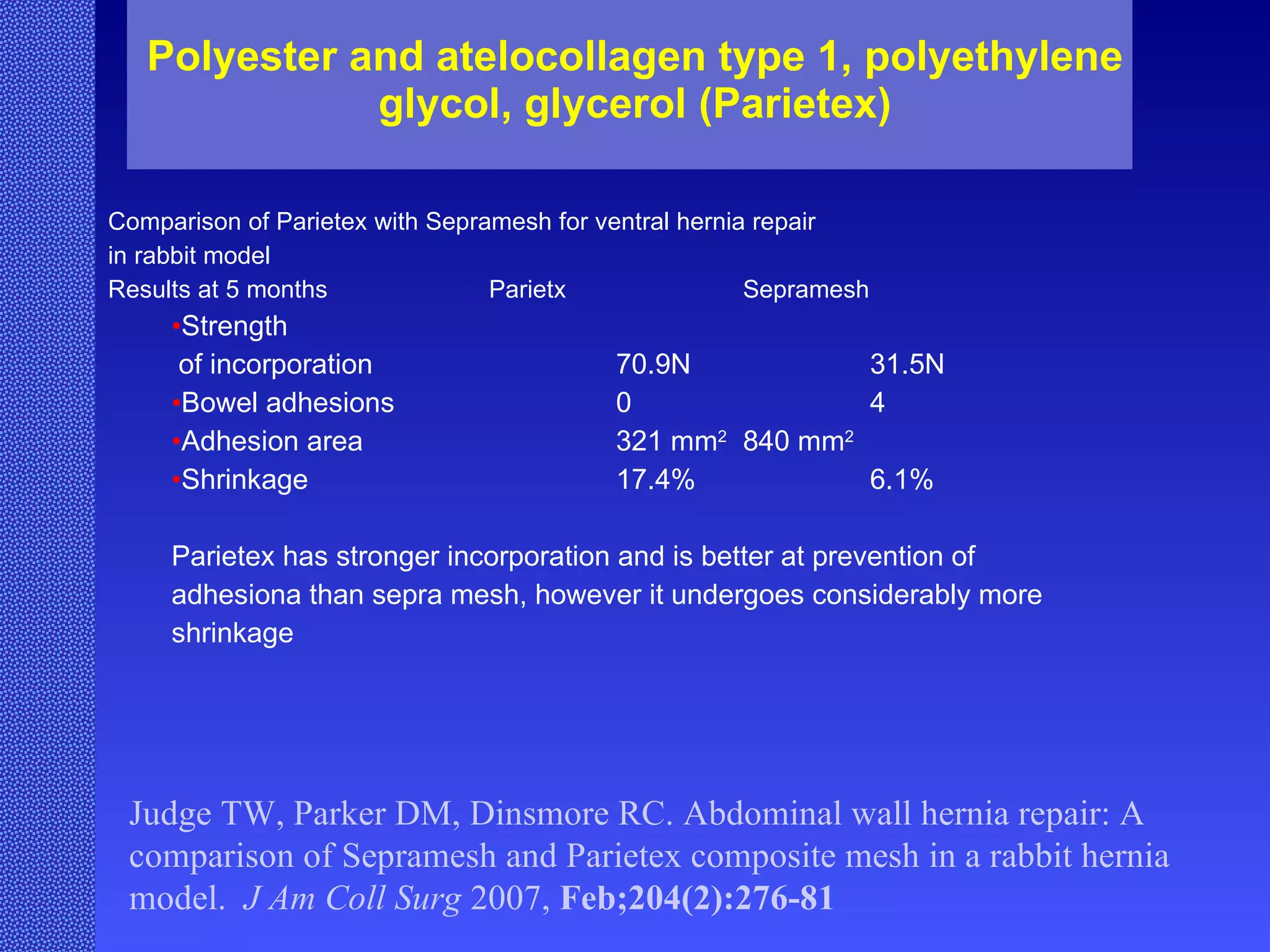 Polyester and atelocollagen type 1, polyethylene glycol, glycerol (Parietex) Comparison of Parietex with Sepramesh for ventral hernia repair  in rabbit model Results at 5 months Parietx  Sepramesh Strength  of incorporation  70.9N 31.5N Bowel adhesions  0 4 Adhesion area 321 mm 2  840 mm 2 Shrinkage 17.4%  6.1%  Parietex has stronger incorporation and is better at prevention of adhesiona than sepra mesh, however it undergoes considerably more shrinkage Judge TW, Parker DM, Dinsmore RC. Abdominal wall hernia repair: A comparison of Sepramesh and Parietex composite mesh in a rabbit hernia model.  J Am Coll Surg  2007,  Feb;204(2):276-81  