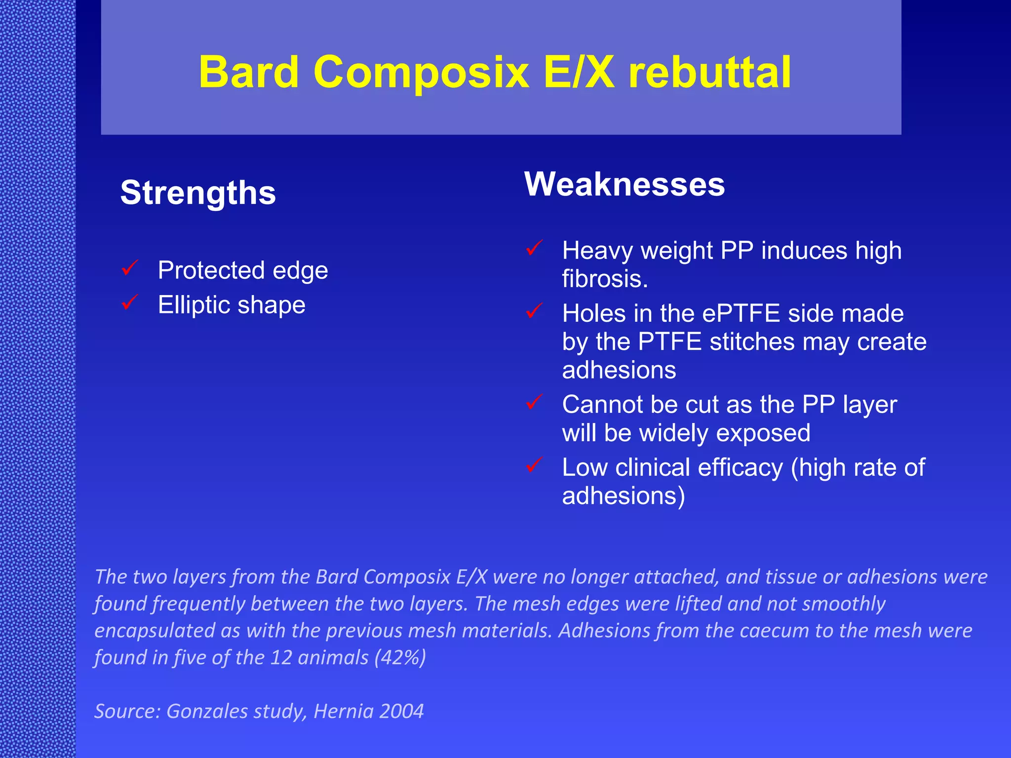 Bard Composix E/X rebuttal  Strengths Protected edge Elliptic shape Weaknesses Heavy weight PP induces high fibrosis. Holes in the ePTFE side made by the PTFE stitches may create adhesions Cannot be cut as the PP layer will be widely exposed Low clinical efficacy (high rate of adhesions) The two layers from the Bard Composix E/X were no longer attached, and tissue or adhesions were found frequently between the two layers. The mesh edges were lifted and not smoothly encapsulated as with the previous mesh materials. Adhesions from the caecum to the mesh were found in five of the 12 animals (42%) Source: Gonzales study, Hernia 2004 