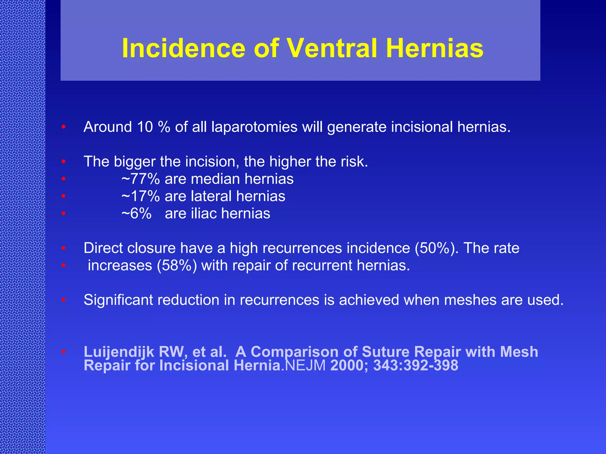 Incidence of Ventral Hernias Around 10 % of all laparotomies will generate incisional hernias.  The bigger the incision, the higher the risk. ~77% are median hernias ~17% are lateral hernias ~6%  are iliac hernias Direct closure have a high recurrences incidence (50%). The rate increases (58%) with repair of recurrent hernias. Significant reduction in recurrences is achieved when meshes are used. Luijendijk   RW, et al.  A Comparison of Suture Repair with Mesh Repair for Incisional Hernia .NEJM  2000; 343:392-398  
