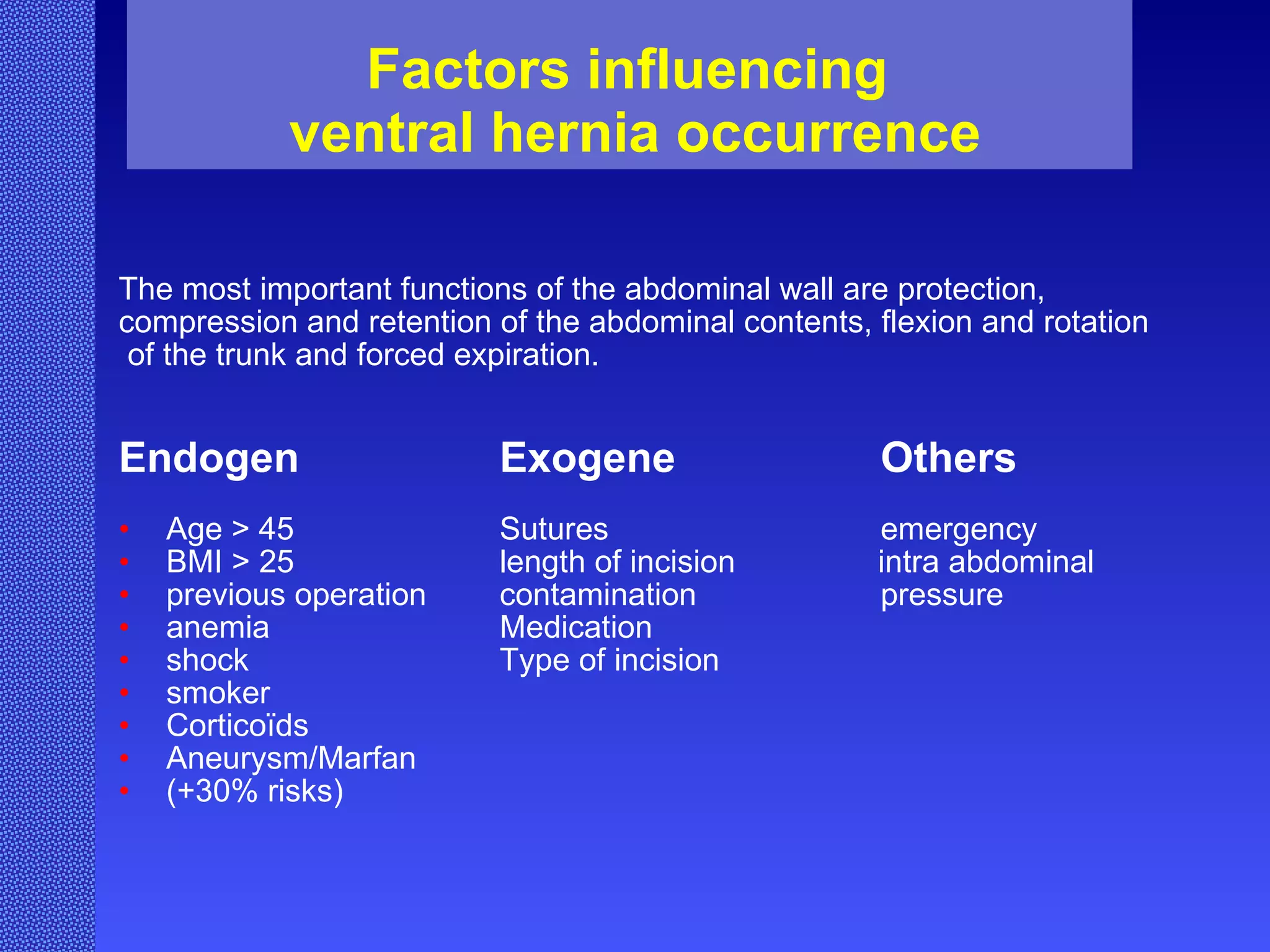 Factors influencing  ventral hernia occurrence The most important functions of the abdominal wall are protection,  compression and retention of the abdominal contents, flexion and rotation of the trunk and forced expiration. Endogen Exogene Others Age > 45 Sutures emergency BMI > 25 length of incision   intra abdominal  previous operation contamination pressure anemia Medication shock Type of incision smoker Corticoïds Aneurysm/Marfan (+30% risks) 