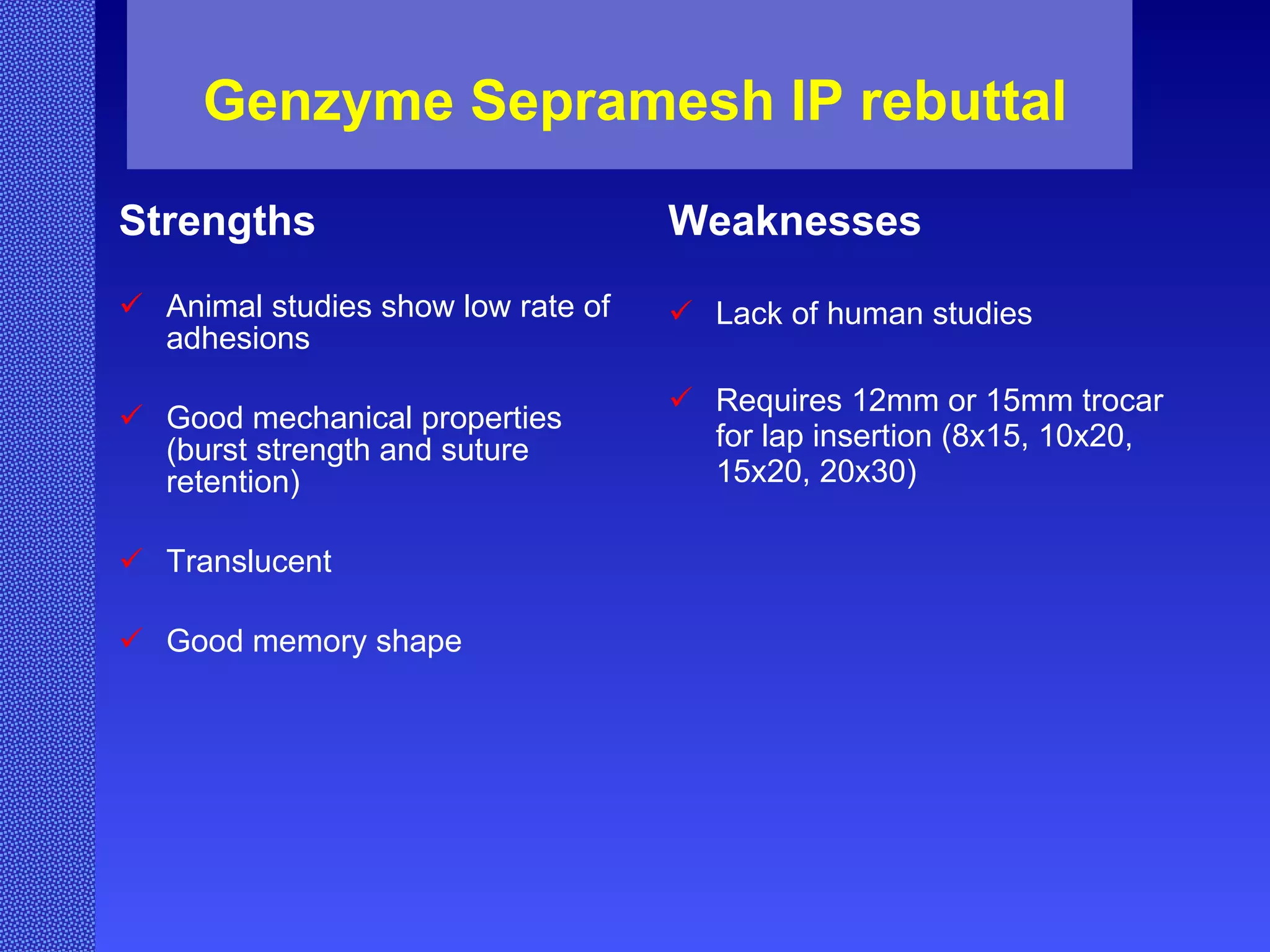 Genzyme Sepramesh IP rebuttal Strengths Animal studies show low rate of adhesions Good mechanical properties (burst strength and suture retention) Translucent Good memory shape Weaknesses Lack of human studies Requires 12mm or 15mm trocar for lap insertion (8x15, 10x20, 15x20, 20x30) 