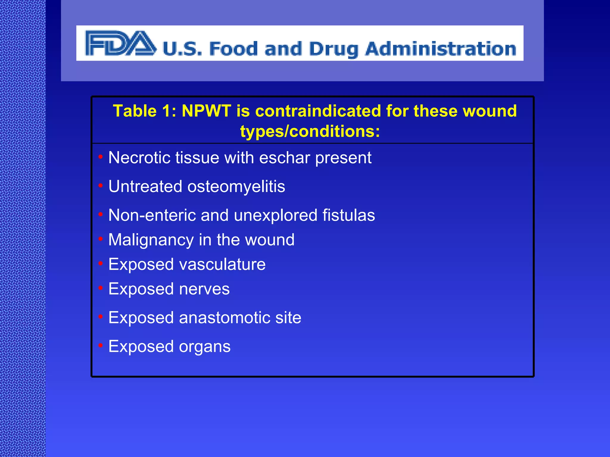   Table 1: NPWT is contraindicated for these wound types/conditions:  Necrotic tissue with eschar present  Untreated osteomyelitis  Non-enteric and unexplored fistulas  Malignancy in the wound  Exposed vasculature  Exposed nerves  Exposed anastomotic site  Exposed organs   