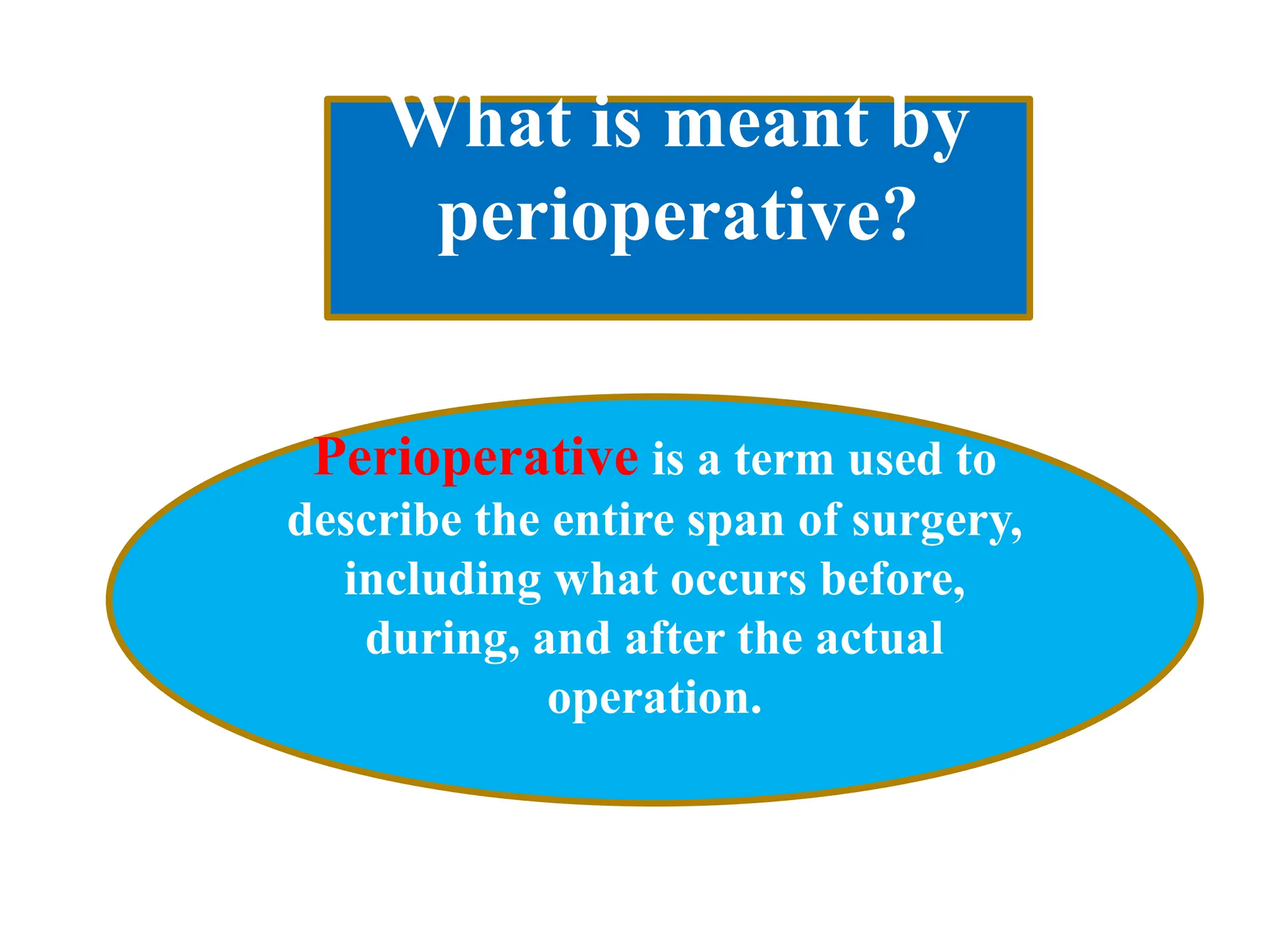 What is meant by
perioperative?
Perioperative is a term used to
describe the entire span of surgery,
including what occurs before,
during, and after the actual
operation.
 