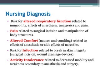 Nursing Diagnosis
• Risk for altered respiratory function related to
immobility, effects of anesthesia, analgesics and pain.
• Pain related to surgical incision and manipulation of
body structures.
• Altered Comfort (nausea and vomiting) related to
effects of anesthesia or side effects of narcotics.
• Risk for Infection related to break in skin integrity
(surgical incision, wound drainage devices).
• Activity Intolerance related to decreased mobility and
weakness secondary to anesthesia and surgery.
 